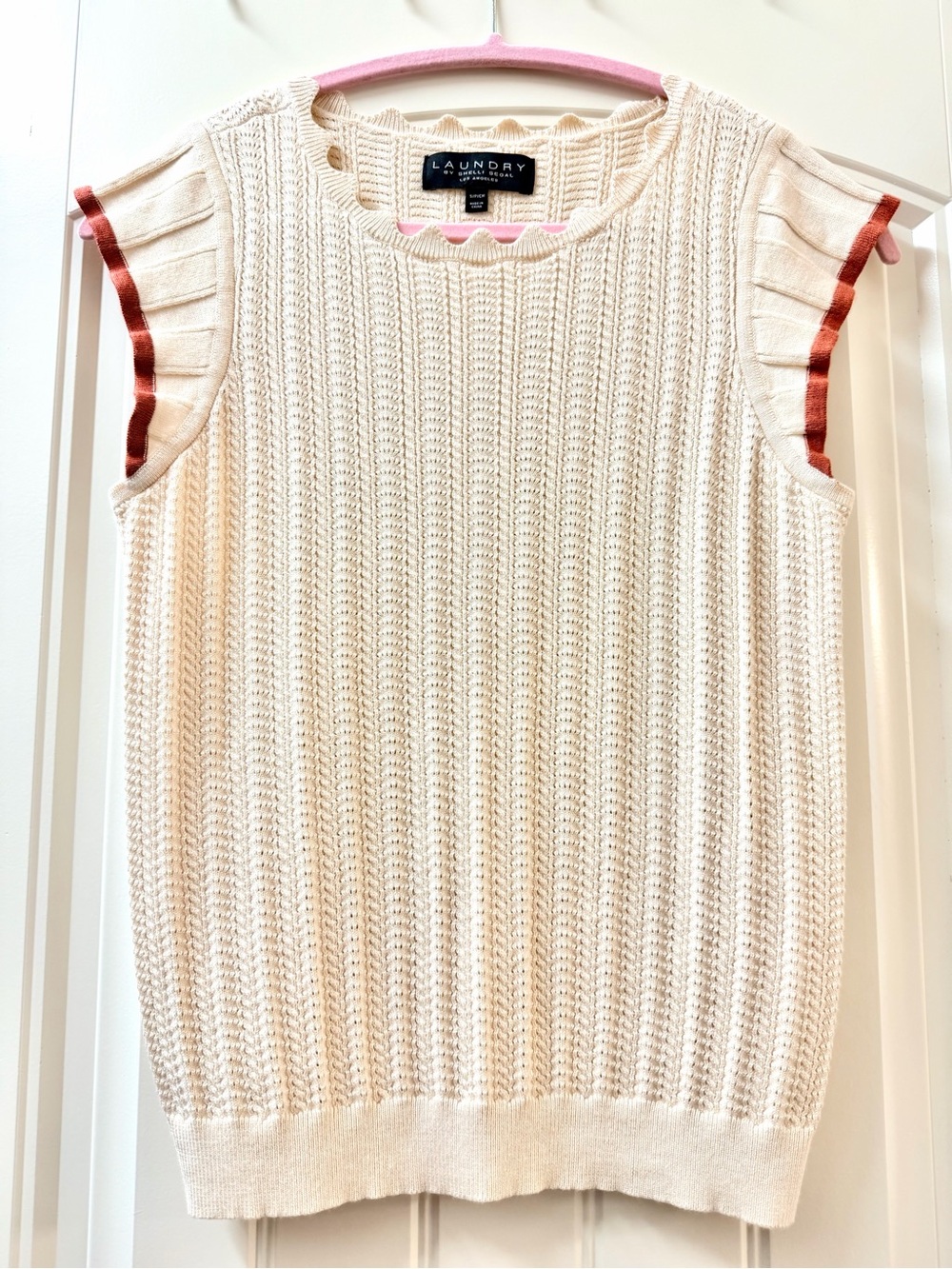 Laundry by Shelli Segal Cream Knit Sleeveless Top with Rust Orange Trim Small